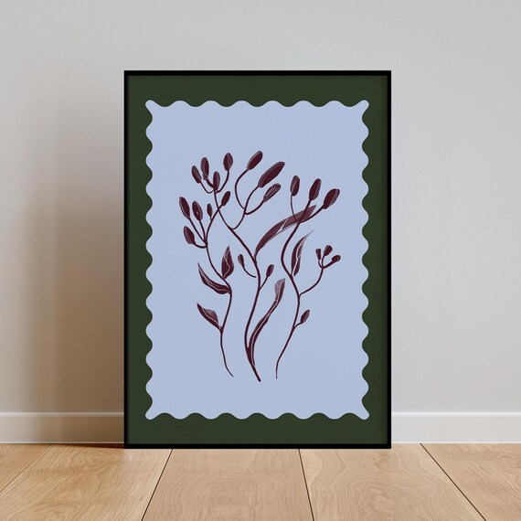 Botanical Line Art Blue And Green Floral Poster Minimal Plant Illustration With Wavy Frame Modern