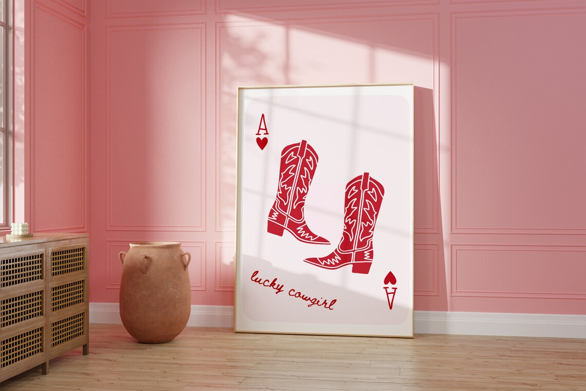 Lucky Cowgirl Red Boots Ace of Hearts Card Poster Art for Dorms