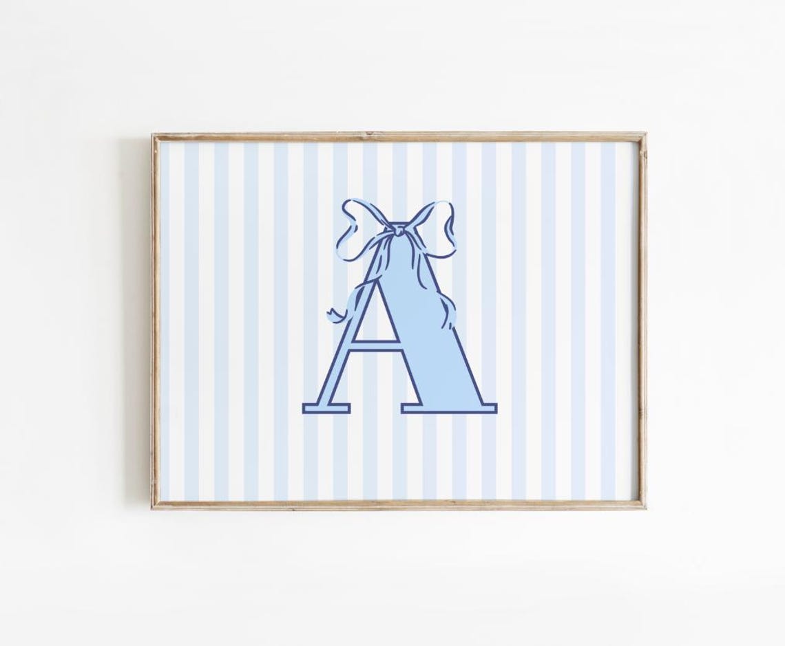Blue Chinoiserie Monogram Letter A Bow Striped Dorm Decor Poster