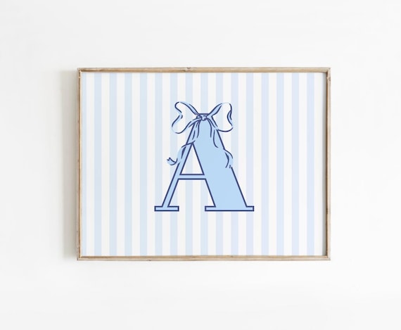 Blue Chinoiserie Monogram Letter A Bow Striped Dorm Decor Poster