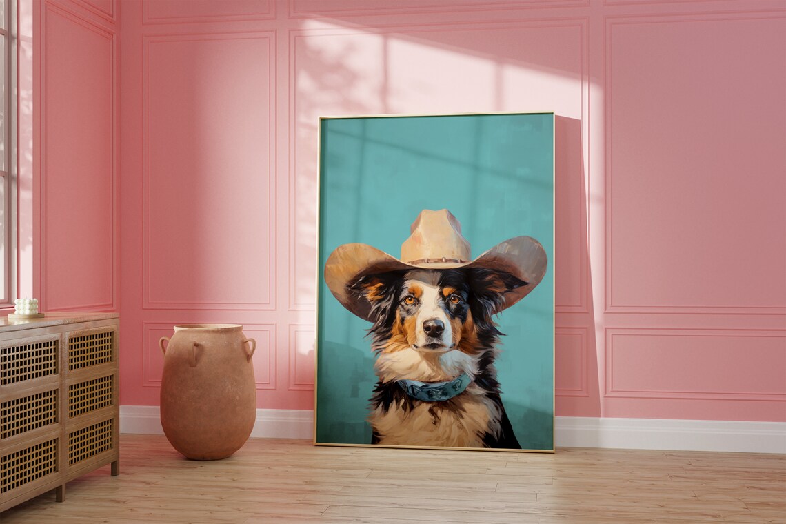 Australian Shepherd in Cowboy Hat Teal Western Dog Portrait Poster
