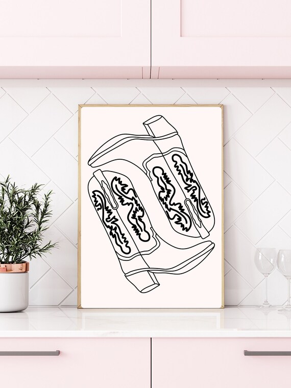 Black Line Art Cowboy Boots Pair Neutral Minimalist Modern Poster