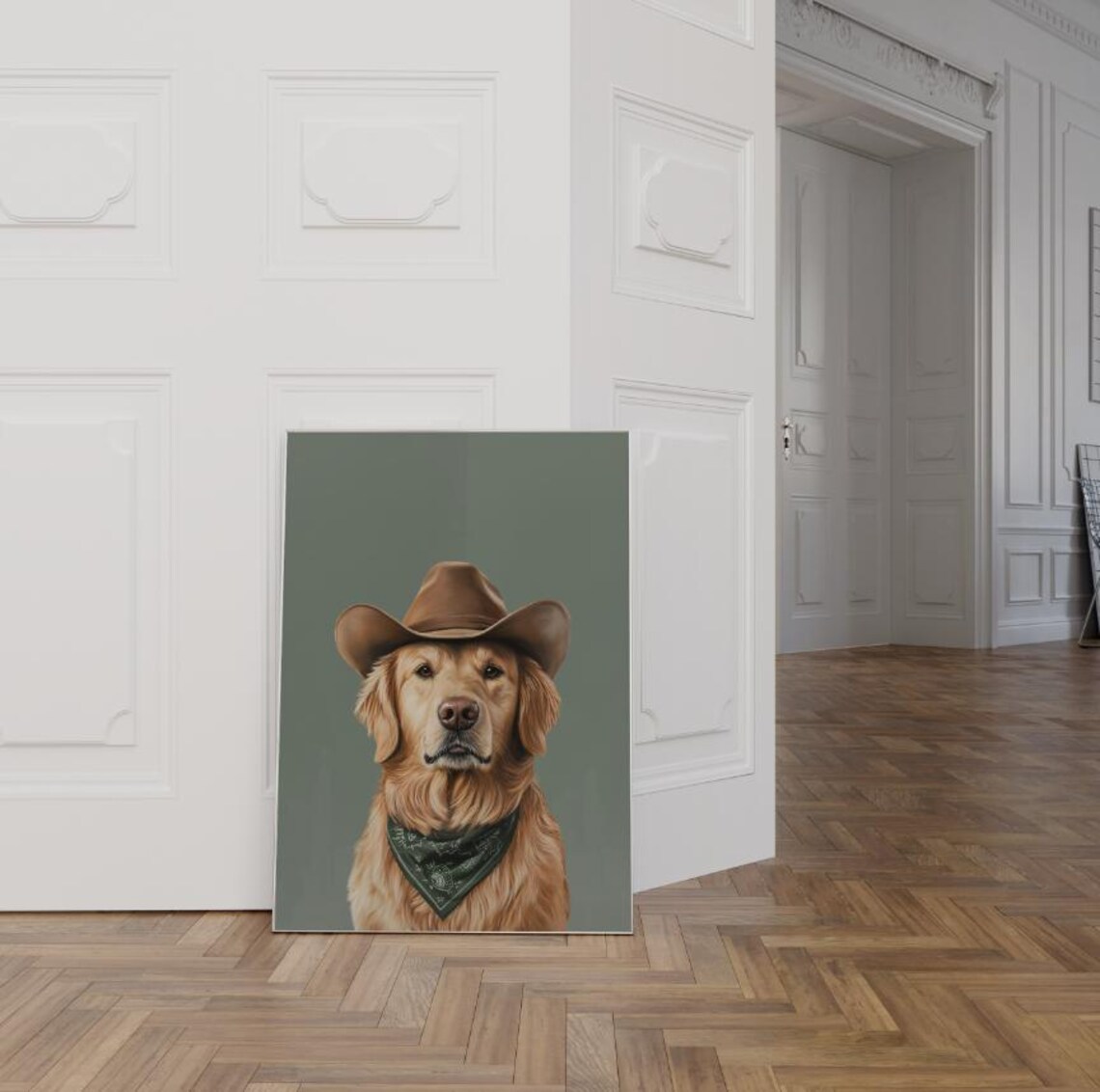 Golden Retriever in Cowboy Hat Green Bandana Western Dog Art Print