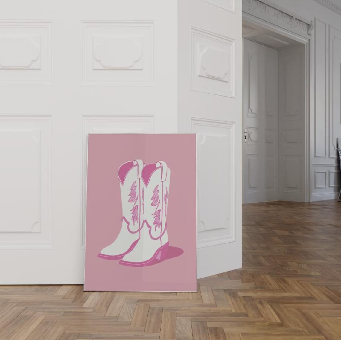 Pink and White Cowgirl Boots Playful Preppy Western Decor Wall Art