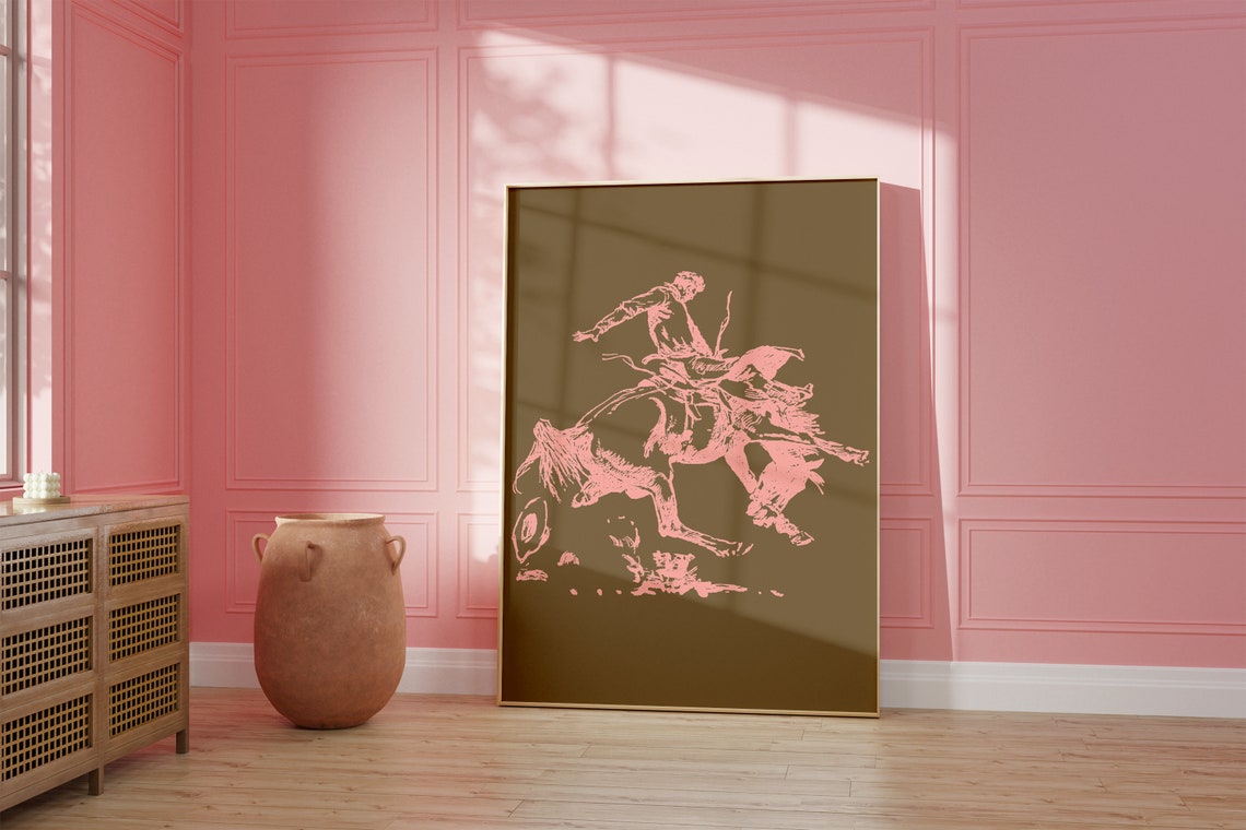 Pink Cowboy Riding Bucking Bronco Vintage Rodeo Sketch Wall Art - Image 2
