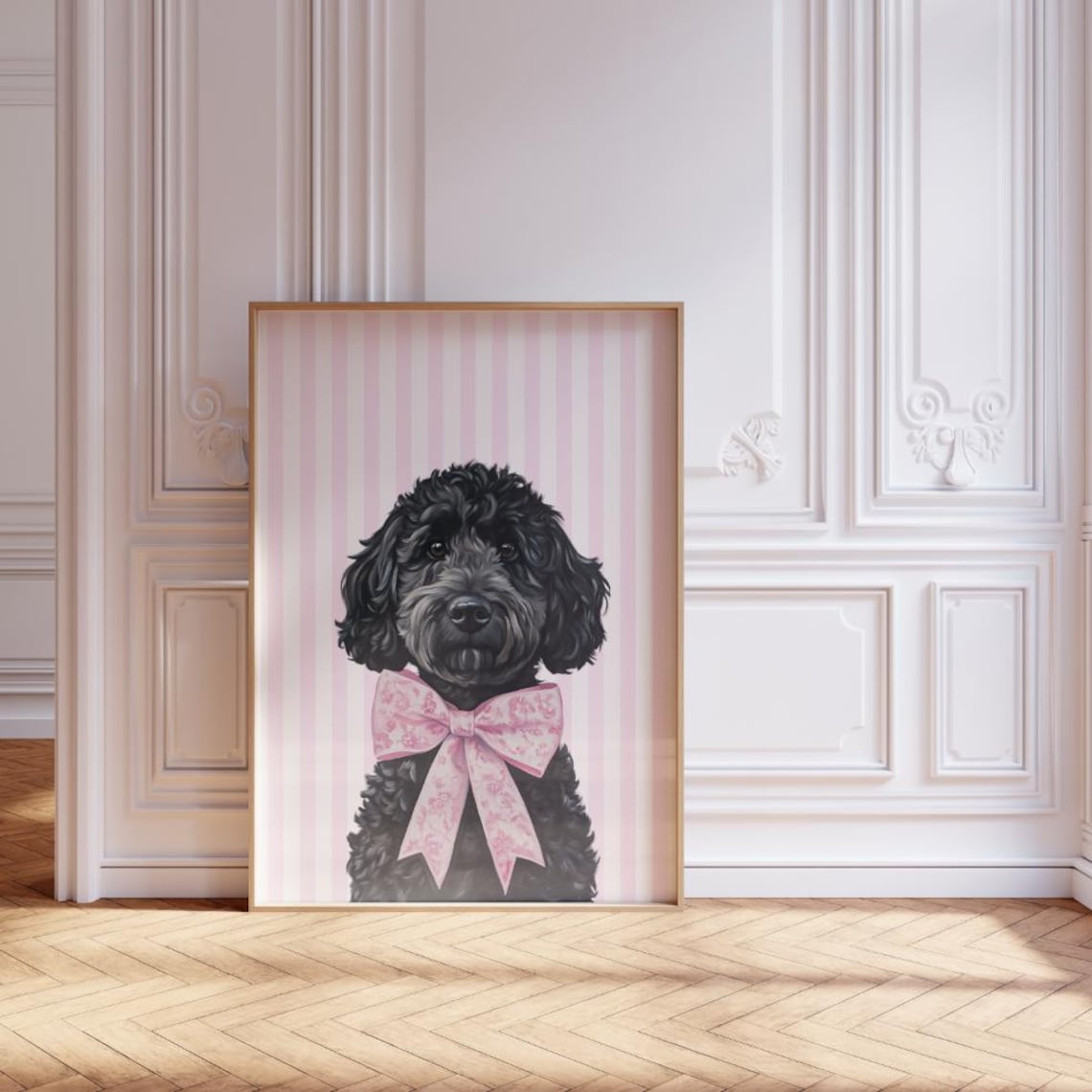 Black Goldendoodle Art Print, Pink Chinoiserie Portrait