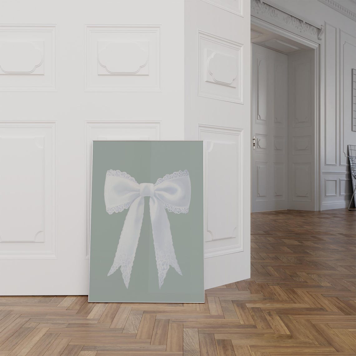 White Lace Bow Sage Green Coquette Nursery Balletcore Wall Poster - Image 2