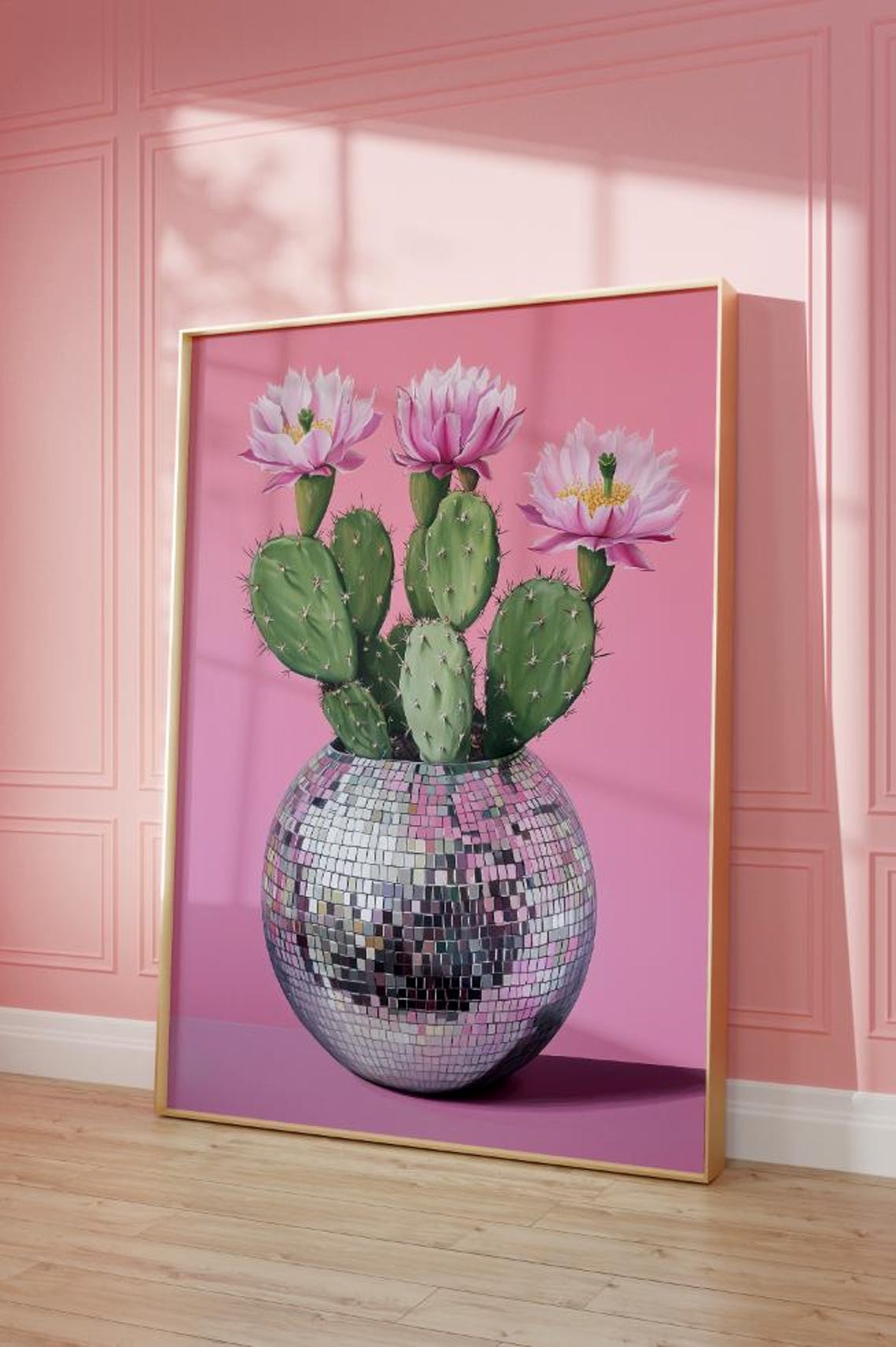 Pink Disco Ball Cactus Flower Funky Botanical Room Decor Poster