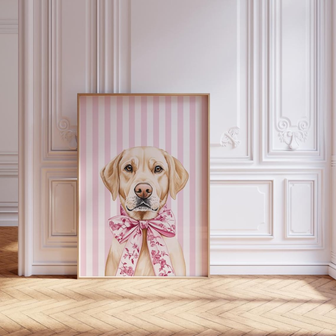 Yellow Labrador Retriever Pink Bow Preppy Dog Portrait Poster
