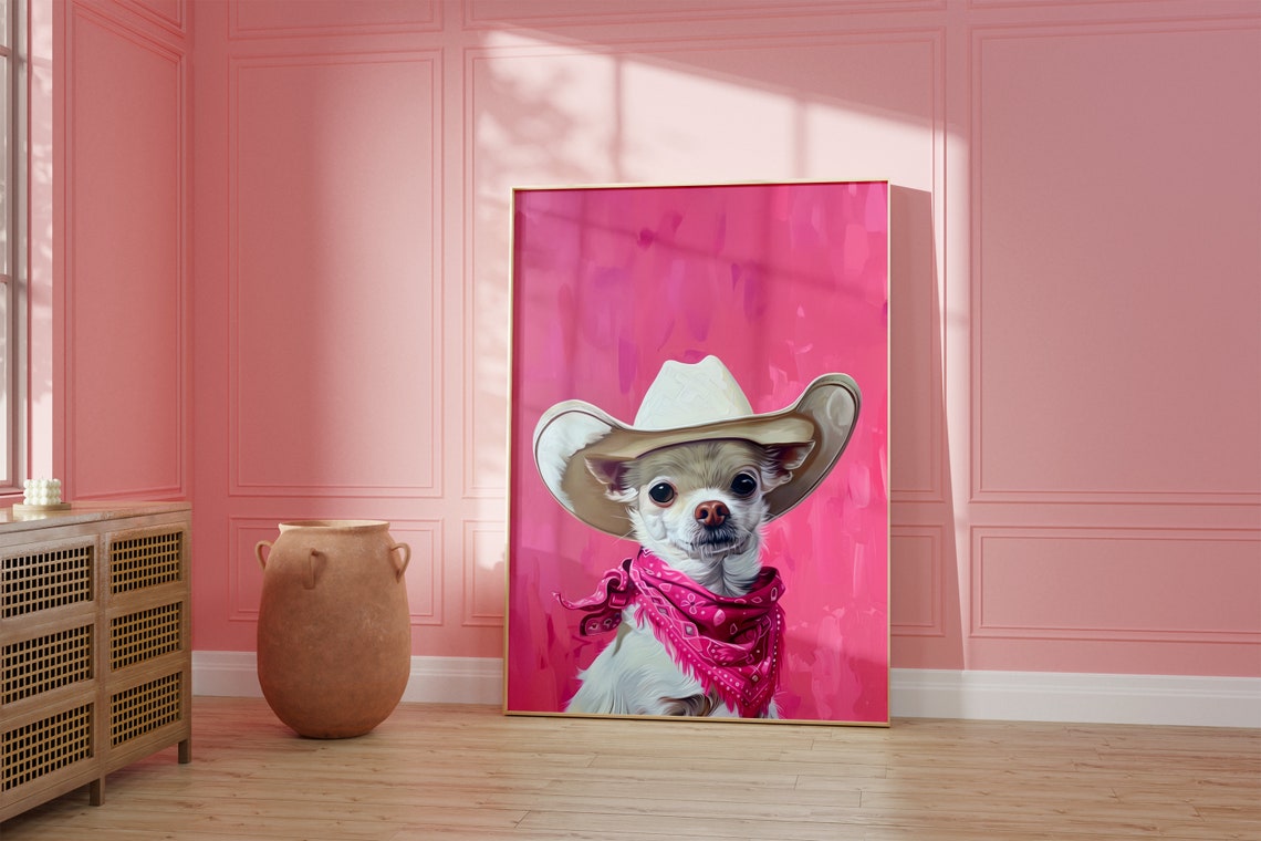 Dog Cowgirl Hat Print Pink Print Vintage Art Western Girly Preppy Trendy Wall Art Puppy Print Cowgirl Hat Print Funky Western Art