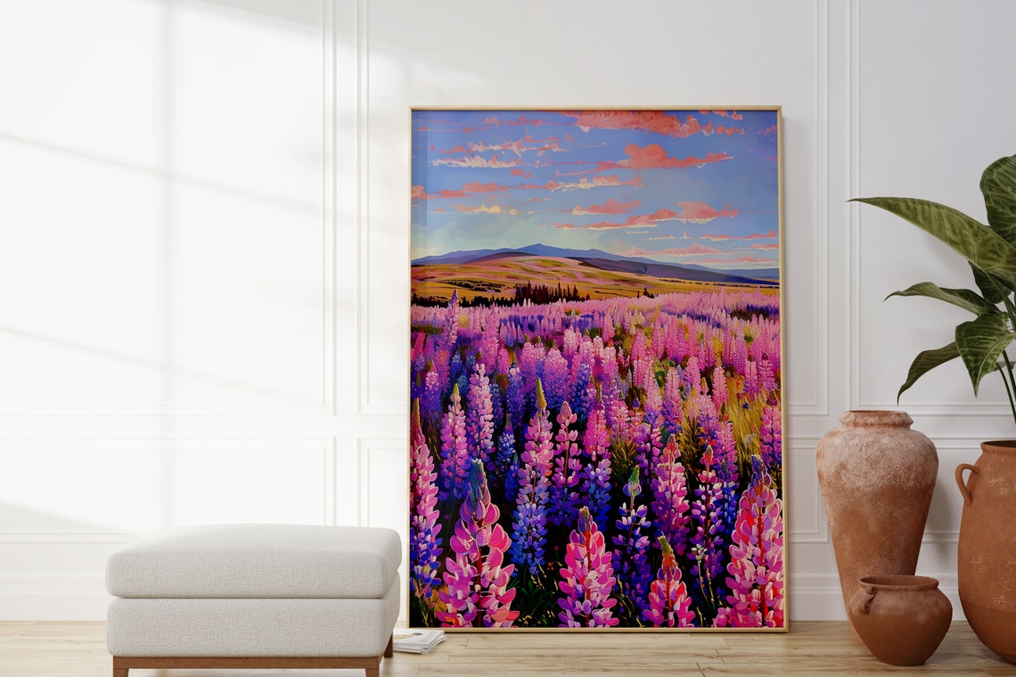 Wildflower Meadow Sunset Lupine Field Mountain Landscape Poster