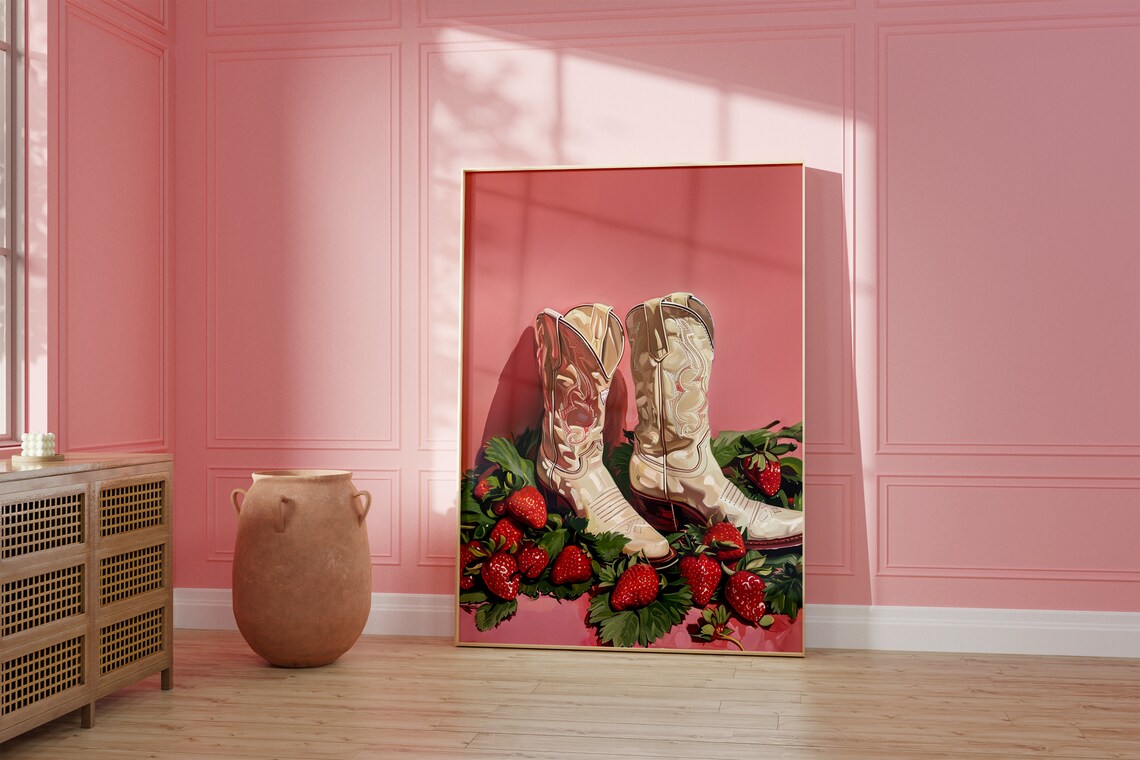 Strawberry Cowgirl Boots White Boots Berries Pink Summer Art Poster - Image 2