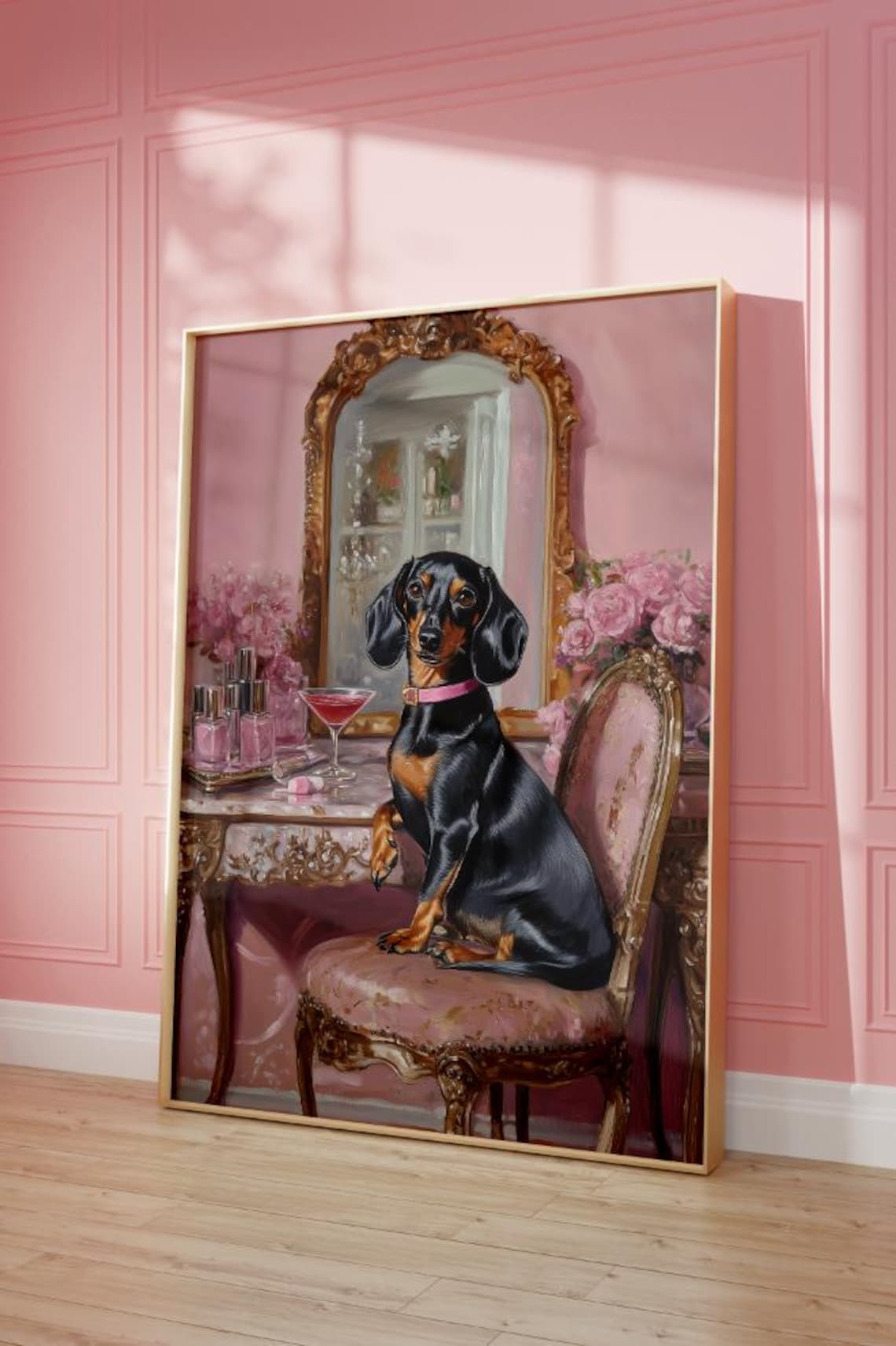 Pink Dachshund Vanity Preppy Girly Dog Portrait Room Art Poster