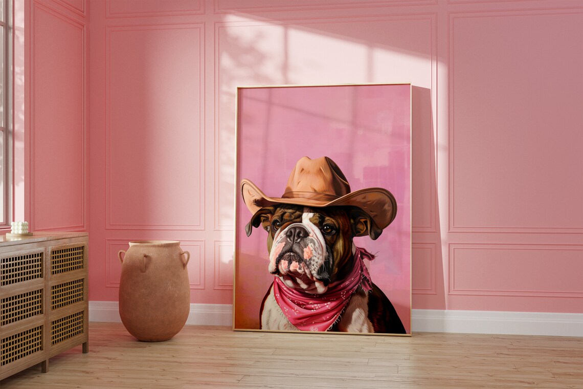 Brown Bulldog in Cowboy Hat Pink Western Pet Portrait Poster