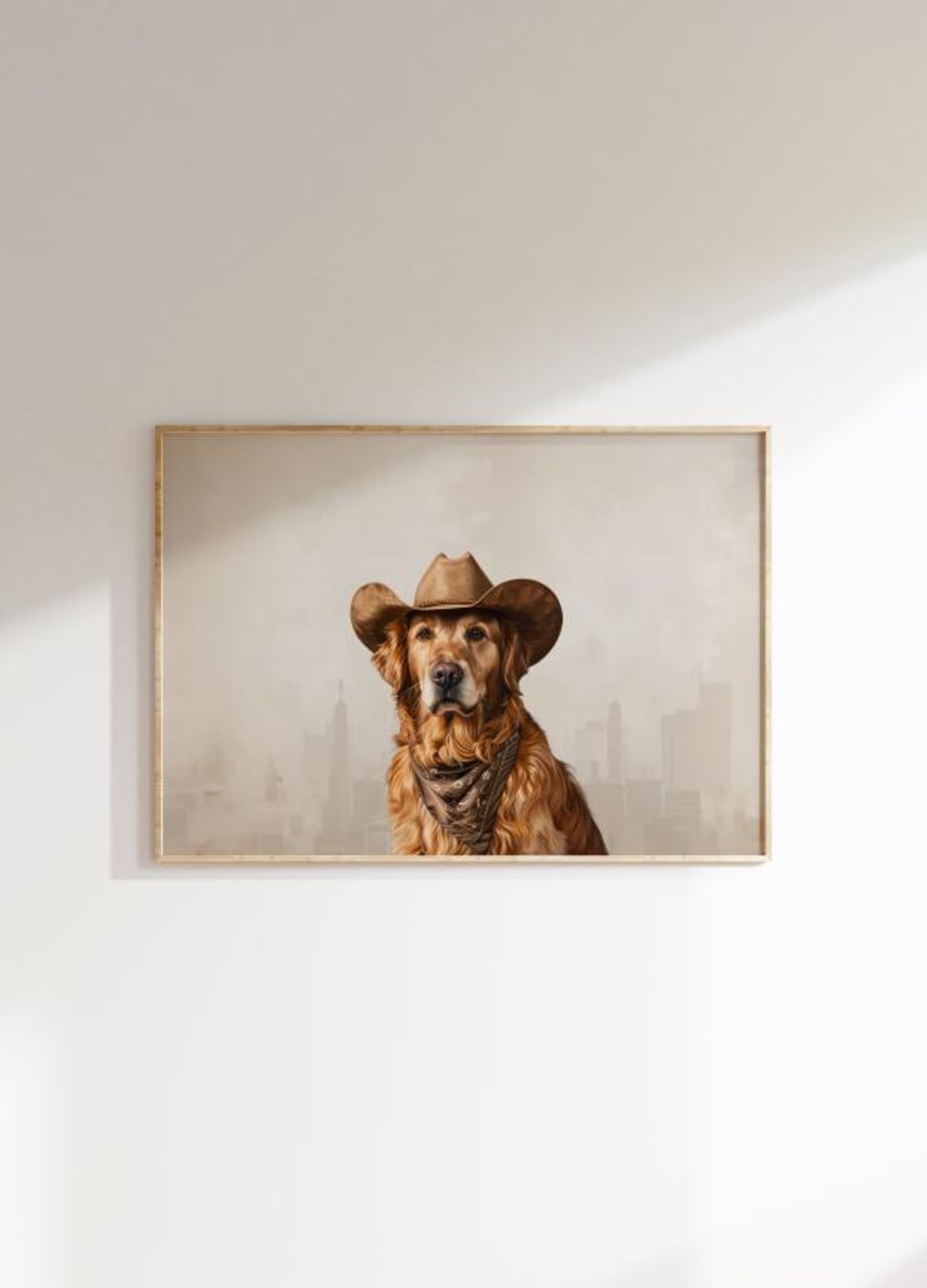 Golden Retriever Cowboy Hat Portrait with Tan Hat Gray Art Poster - Image 2