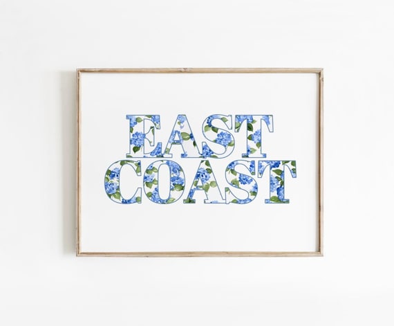 East Coast Floral Typography Blue Hydrangea Coastal Decor Poster