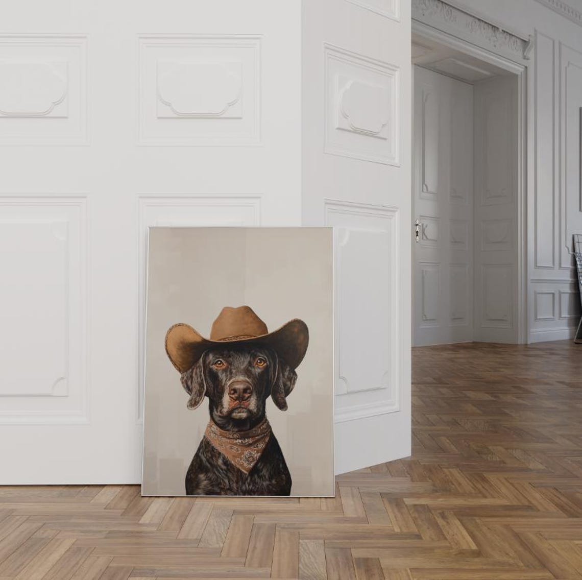 Chocolate Labrador in Cowboy Hat Neutral Rustic Western Dog Art Poster