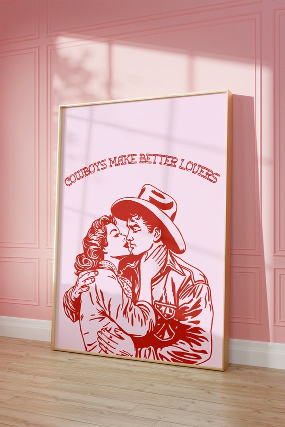 Vintage Cowboy Wall Art Pink Red Aesthetic Wall Art Cowboy Poster Western Wall Art Vintage Bar Cart Dorm Retro Wall Art