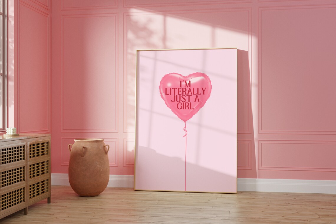 I Am Literally Just a Girl Heart Balloon Pink Quote Wall Art - Image 2