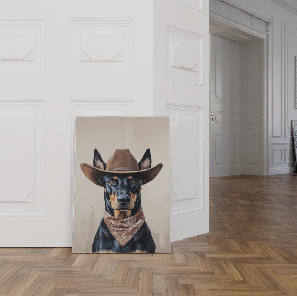 Doberman Dog Cowgirl Hat Print Doberman Neutral Aesthetic Print Vintage Art Western Trendy Wall Art Cowgirl Hat Print Funky Western Art