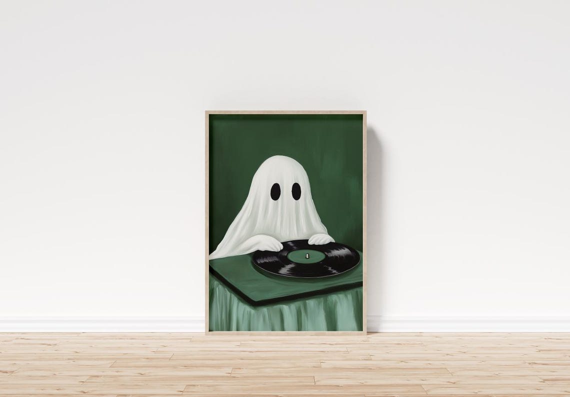 Cute Ghost DJ Spinning Vinyl Record on Dark Green Poster Art - Image 2