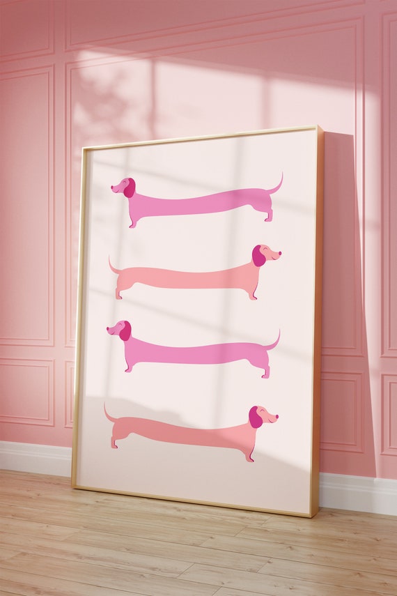 Pink Dachshund Kids Room Poster, Preppy Dog Art Print