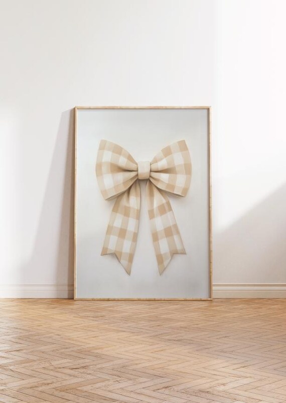 Neutral Beige Gingham Bow Classic Preppy Girls Nursery Art Print