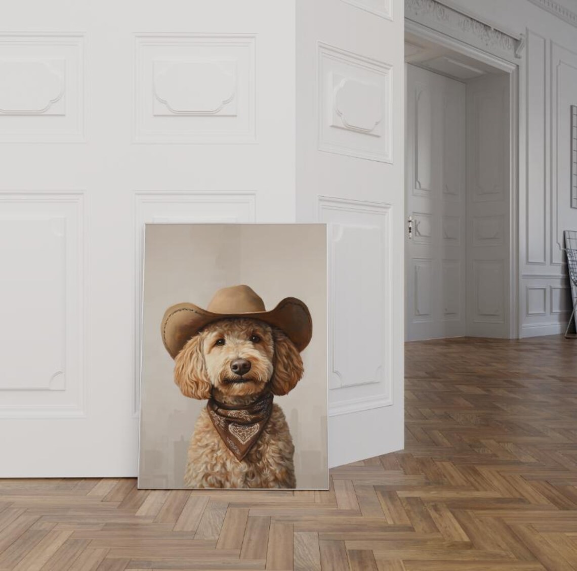 Goldendoodle Cowboy Hat Bandana Western Dog Portrait Art Poster