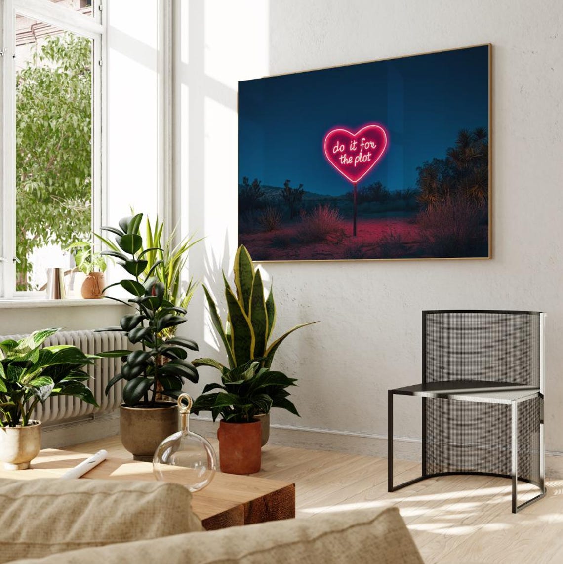 Do It For The Plot Neon Heart Sign Desert Night Landscape Poster