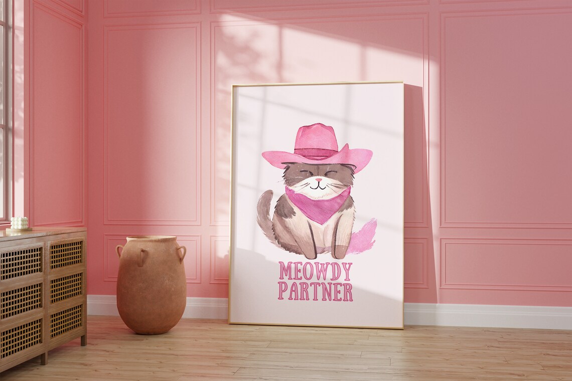 Meowdy Partner Cowgirl Cat Pink Watercolor Funny Pet Decor Poster - Image 2