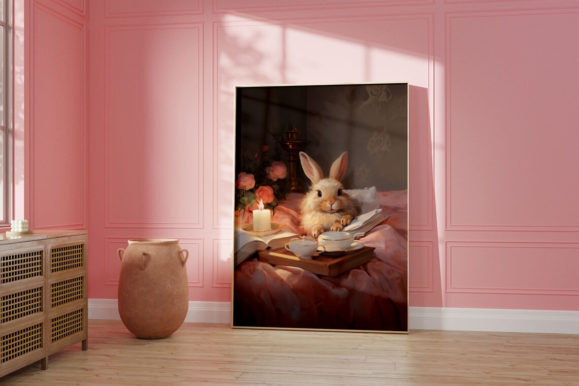 Cozy Bunny Candlelit Tea Time Storybook Painting Vintage Poster - Image 2