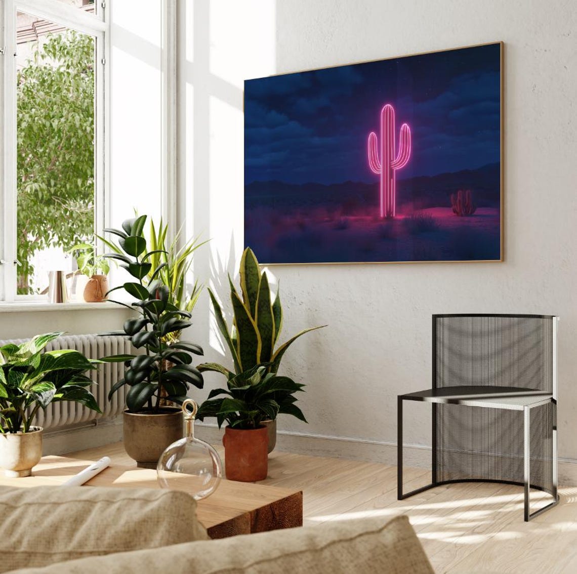 Neon Pink Cactus Night Desert Landscape Funky Western Poster