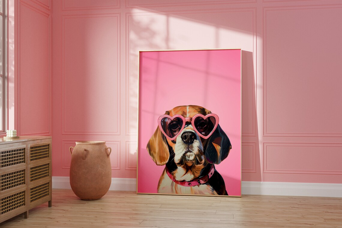 Beagle Wearing Pink Heart Sunglasses Cute Dog Portrait Poster