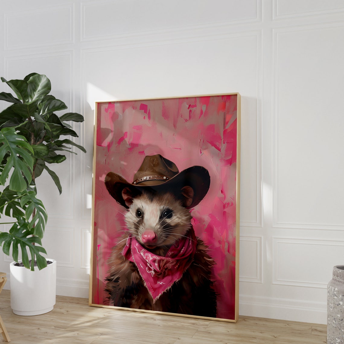 Cute Opossum in Cowboy Hat Pink Western Pet Portrait Art Poster - Image 2