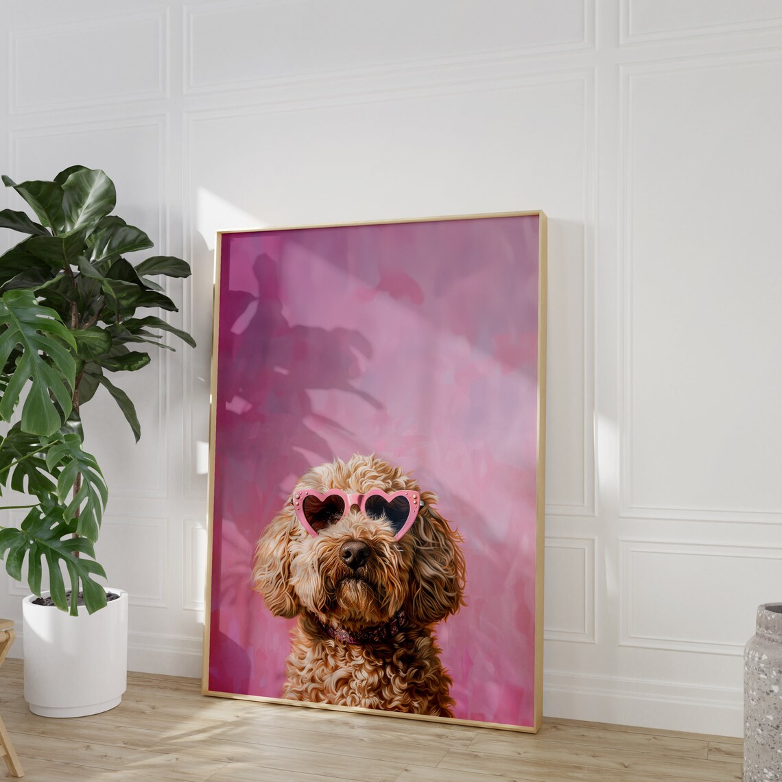 Pink Goldendoodle Funky Preppy Dog Art Print - Image 2