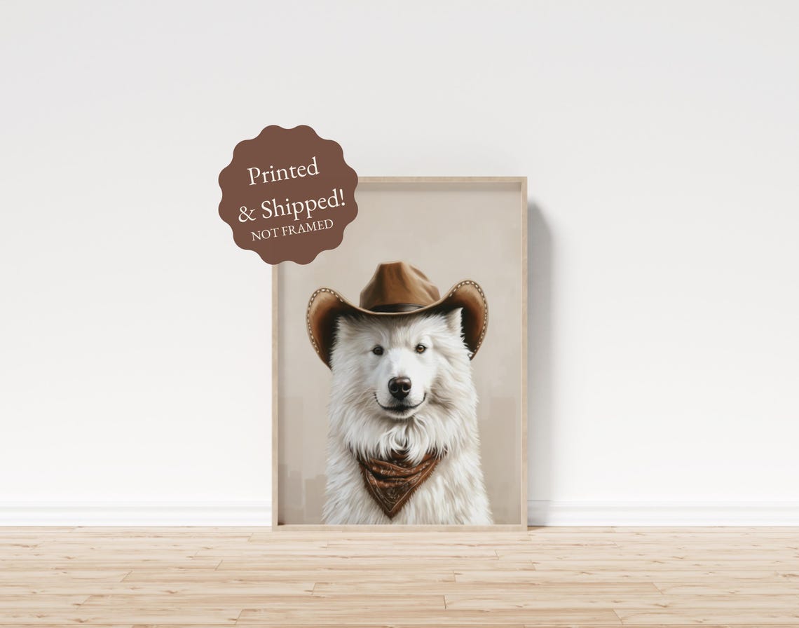 Samoyed Cowboy Hat Tooled Bandana Framed Western Dog Wall Poster