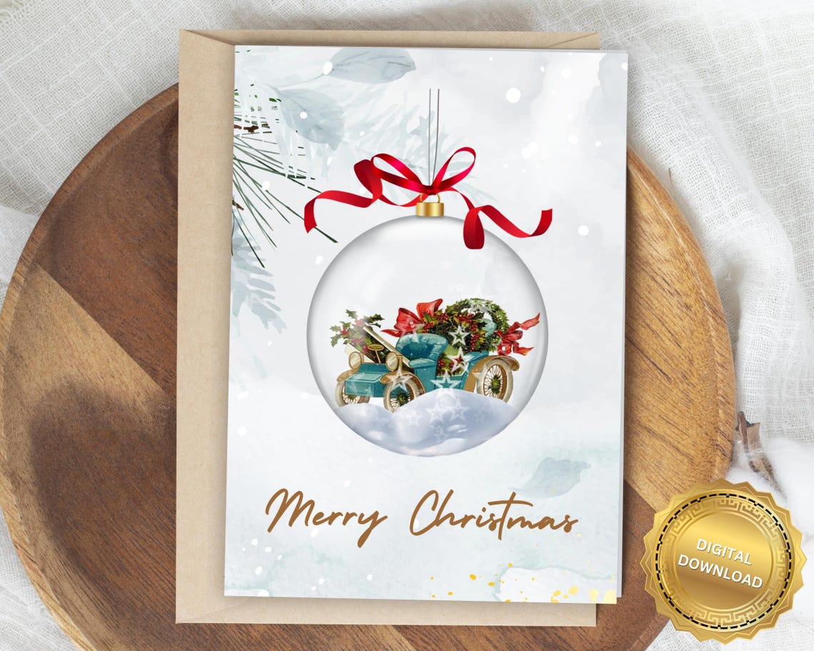 Merry Christmas Gold Script Snow Globe Vintage Car Card Poster Art