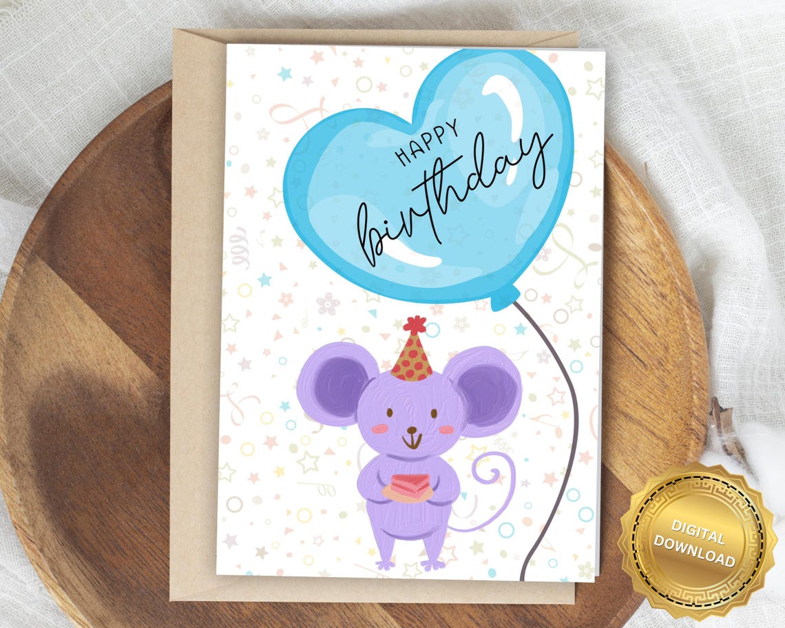 Cute Purple Mouse with Gift and Heart Balloon Birthday Card Poster