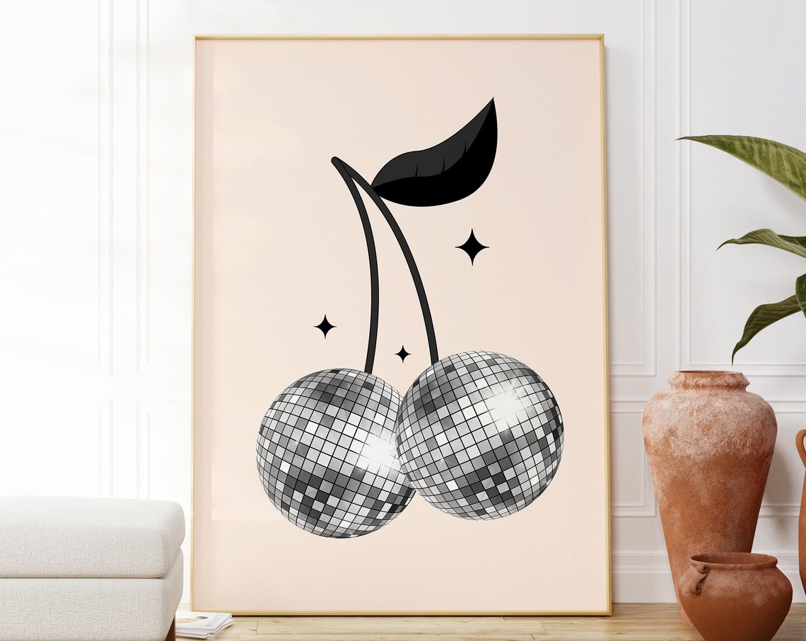 Disco Ball Cherries Sparkle Blush Pink Retro Party Wall Poster