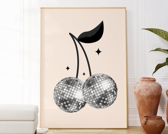 Disco Cherries Print Trendy Wall Art Disco Ball Print 70s Wall Art Preppy Wall Decor Retro Wall Art Retro Aesthetic Y2k Decor