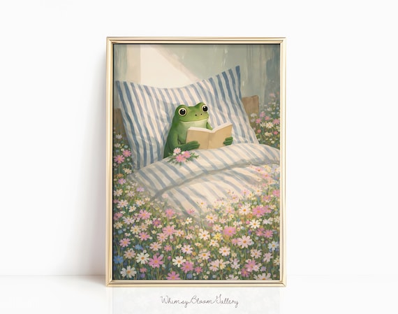 Cozy Frog Reading Book In Flower Bed Cottagecore Whimsical Nursery Wall Art