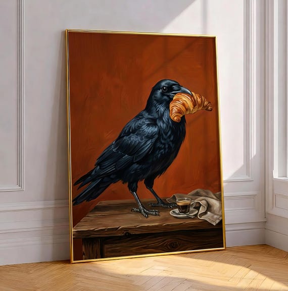 Crow With Croissant Art Print Moody French Bakery Bird Artwork Whimsical Raven Kitchen Wall Decor Vintage Paris Caf Breakfast Poster