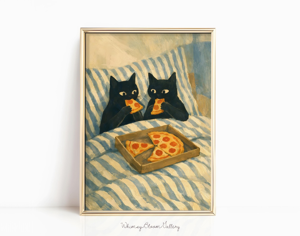 Two Black Cats Eating Pizza Retro Poster Print