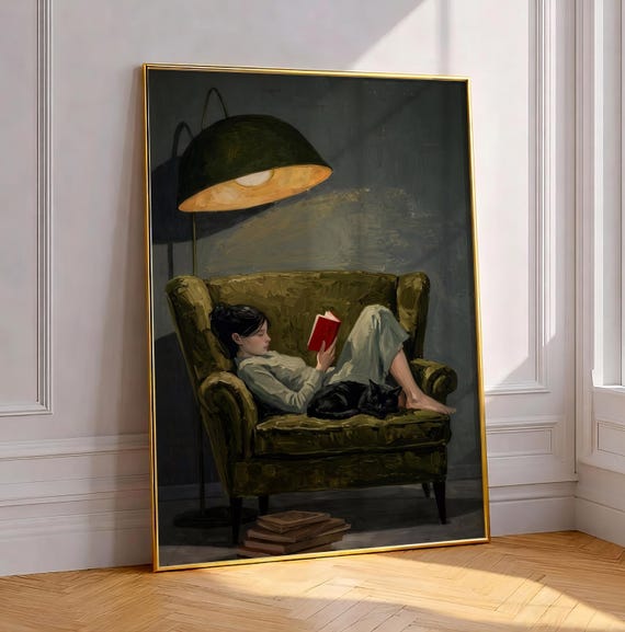 Woman Reading With Black Cat Painting Cozy Book Nook Art Print Minimalist Introvert Poster Moody Green Armchair Hygge Home Decor