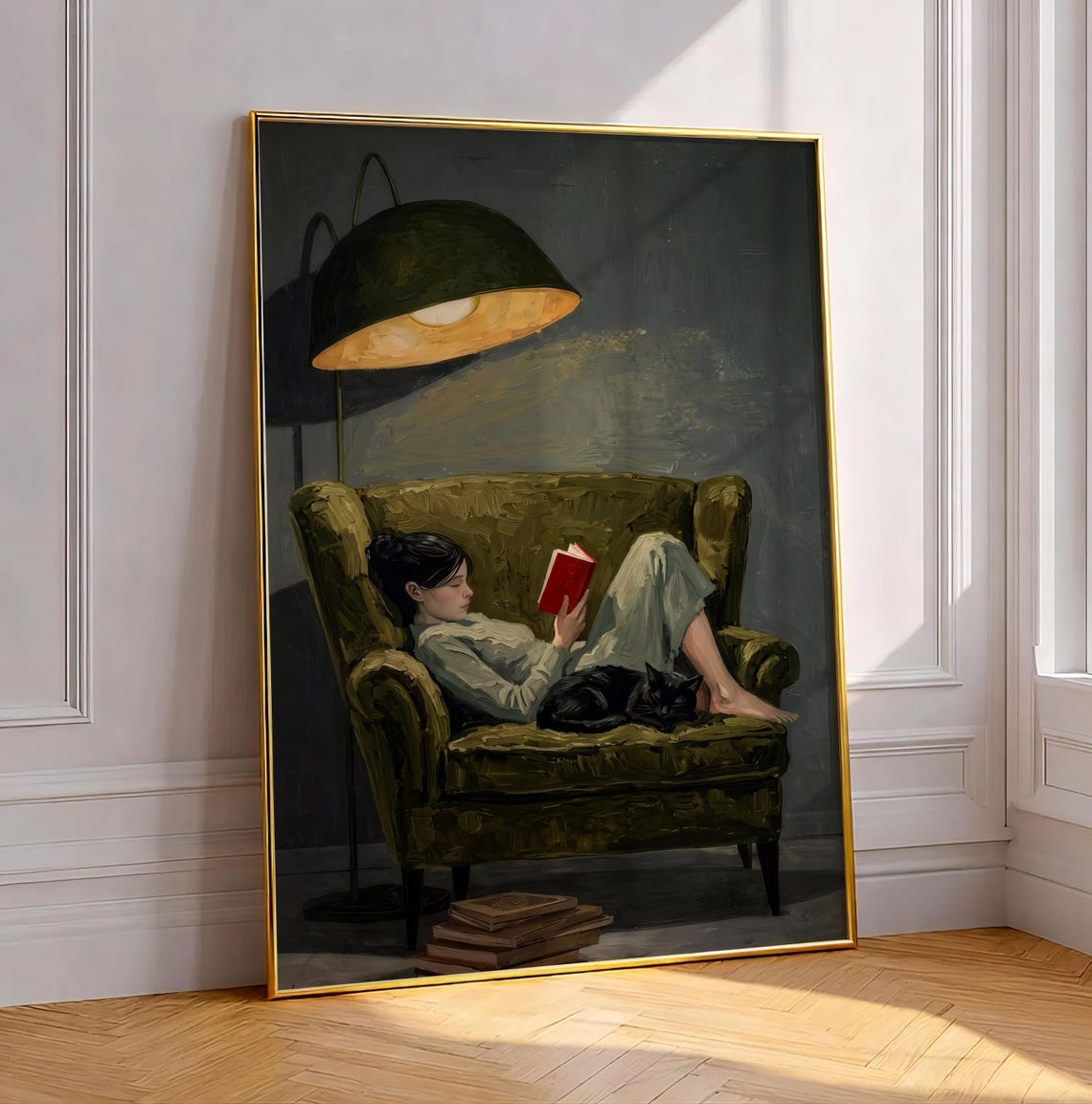 Woman Reading With Black Cat Painting Cozy Book Nook Art Print Minimalist Introvert Poster Moody Green Armchair Hygge Home Decor
