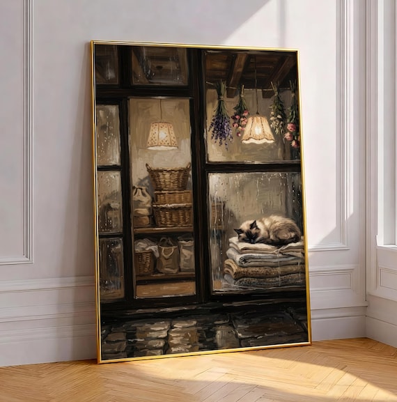 Siamese Cat Laundry Room Art Printable Cottagecore Decor Rainy Window Print Vintage Utility Moody Maximalist Paint Digital Download