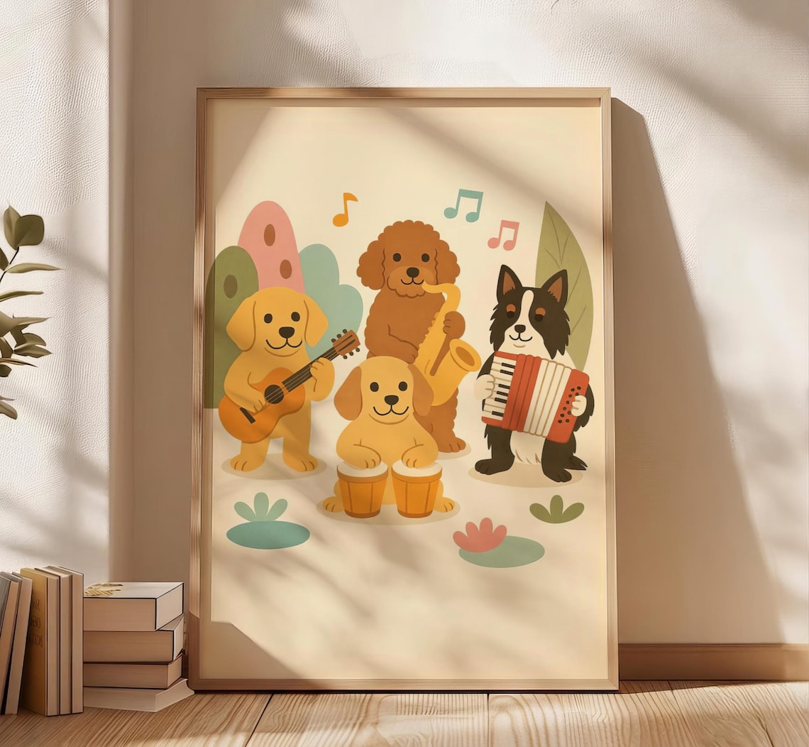 Dogs Band Playing Instruments, Playful Musical Poster