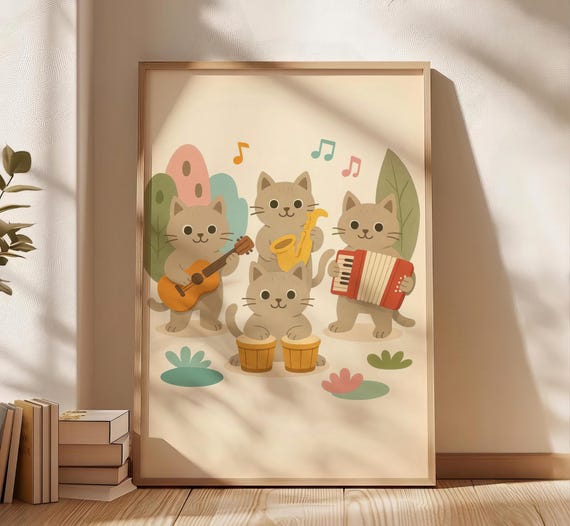 Cats Band Playing Instruments Art Print Playful Musical Kitten Poster For Kids Room Whimsical Cat Dopamine Decor Nursery Baby Shower