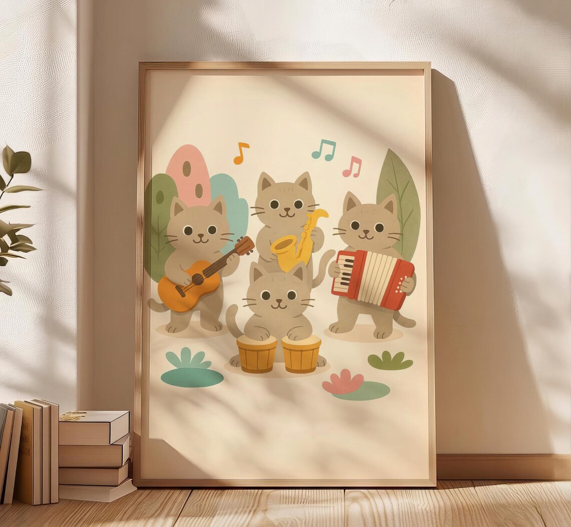Kitten Band Playing Instruments Cute Cats Kids Music Room Art Poster