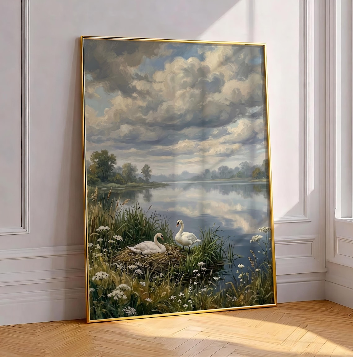 Vintage Swan Nest Painting Art Cottagecore Lake Landscape Poster Moody Living Room Wall Decor Antique Style Nature Print
